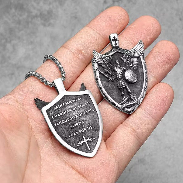 St. Michael Archangel Shield Pendant Stainless Steel Necklace | Divine Protection & Unique Style