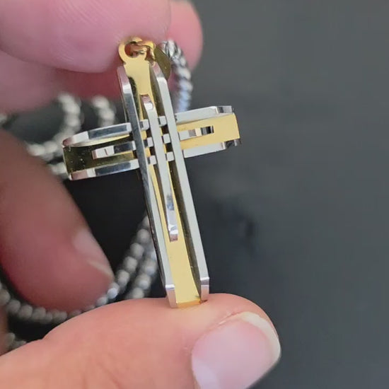 Modern cross necklace stainless steel silver and gold 28 inch chain premium men’s jewelry