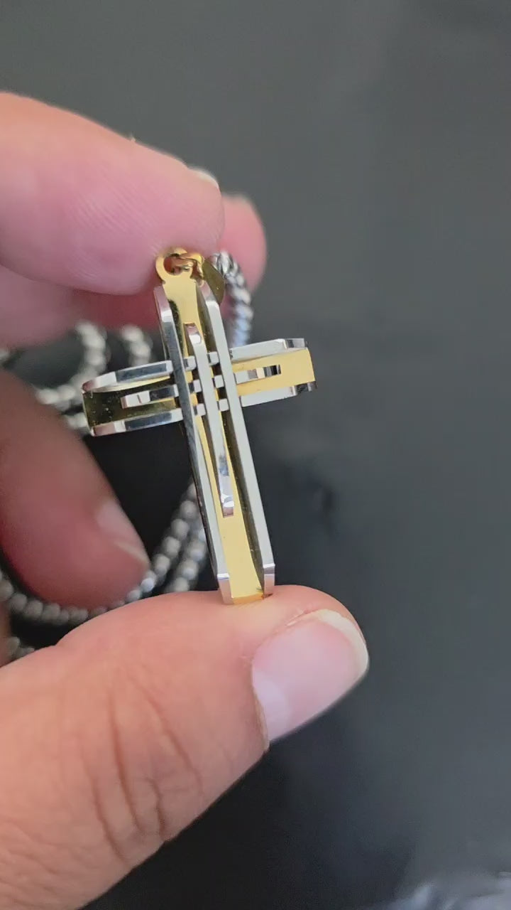 Modern cross necklace stainless steel silver and gold 28 inch chain premium men’s jewelry