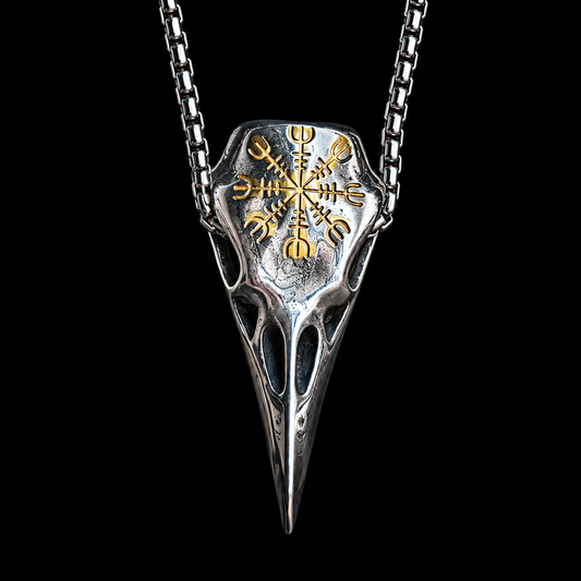 Raven Skull Necklace for Men – Helm of Awe Viking Aegishjalmur Pendant | Stainless Steel