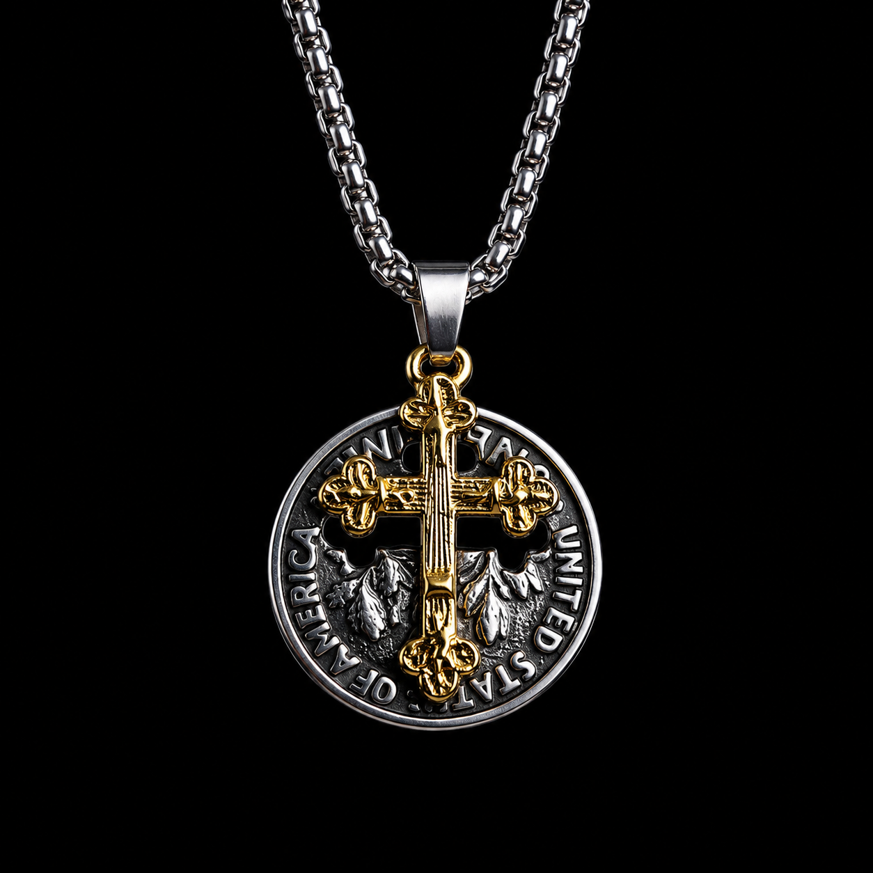 Men's Vintage Coin Cross Necklace – Antique Silver Stainless Steel Chain | 23.6"