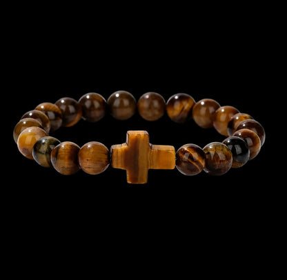 Tiger Eye Cross Bracelet for Men – Natural Stone Beaded Christian Bracelet