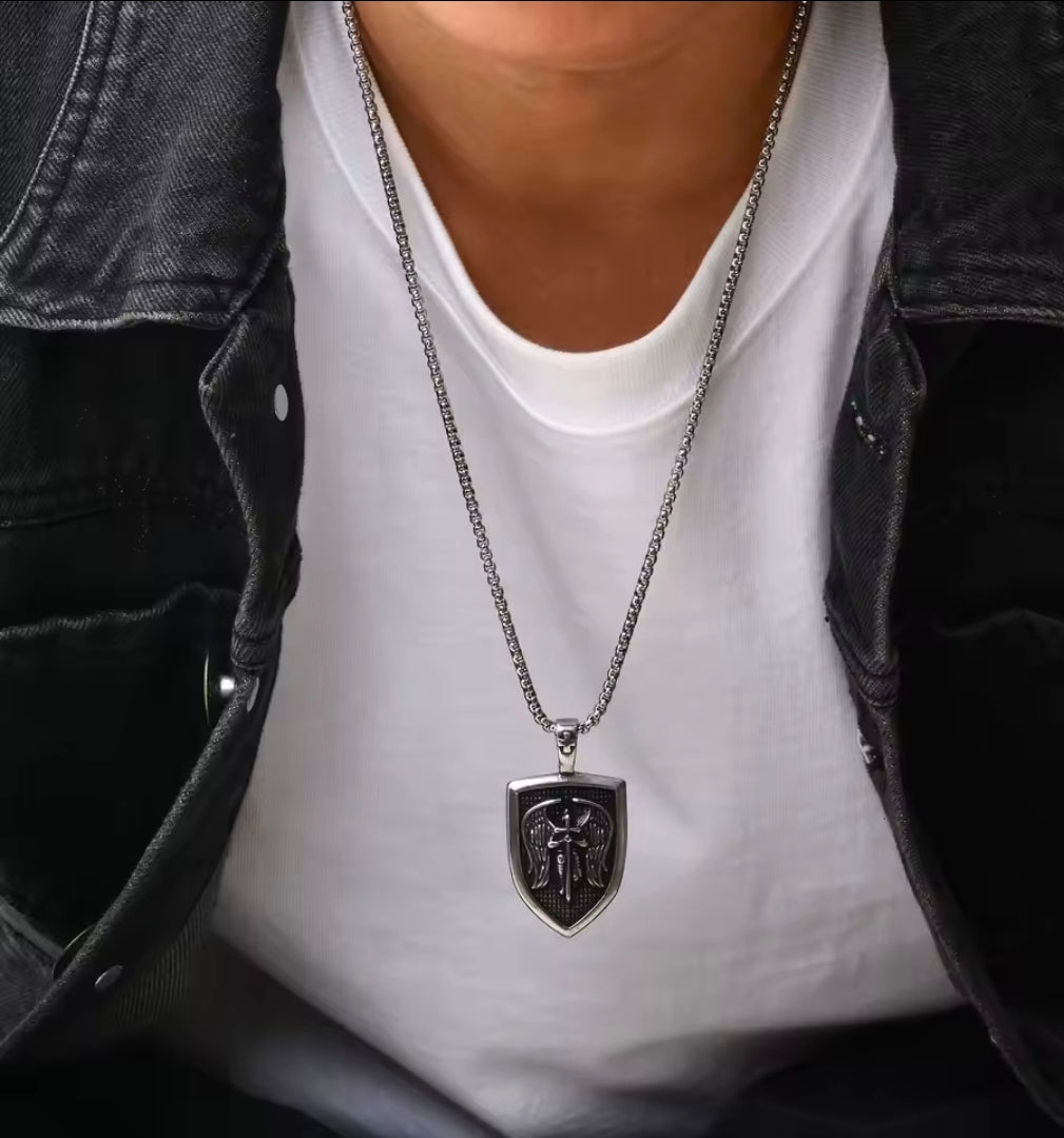 Archangel Michael Necklace with Sword and Wings | Protective Stainless Steel Pendant