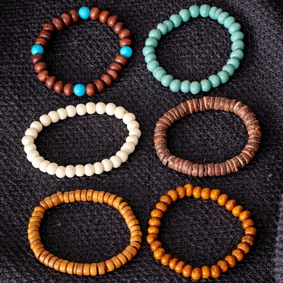 6-Piece Men’s Beaded Bracelet Set – Natural Stone & Vintage Wooden Stack