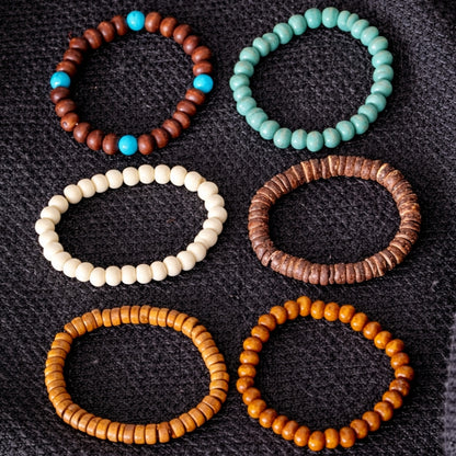 6-Piece Men’s Beaded Bracelet Set – Natural Stone & Vintage Wooden Stack