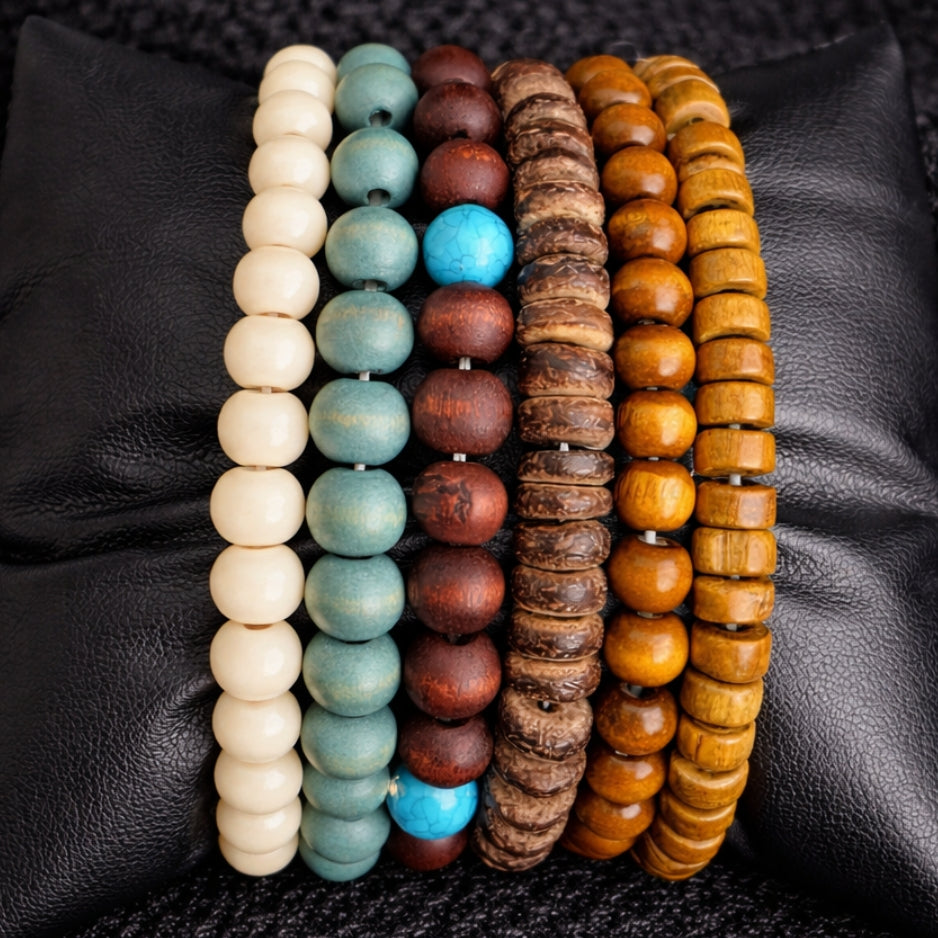 6-Piece Men’s Beaded Bracelet Set – Natural Stone & Vintage Wooden Stack