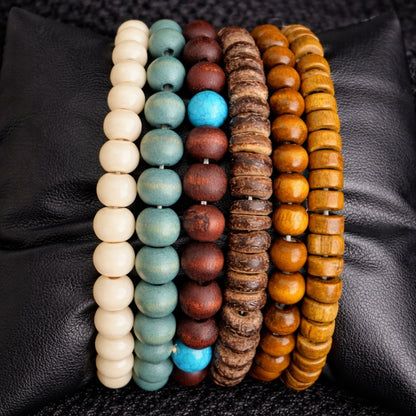 6-Piece Men’s Beaded Bracelet Set – Natural Stone & Vintage Wooden Stack