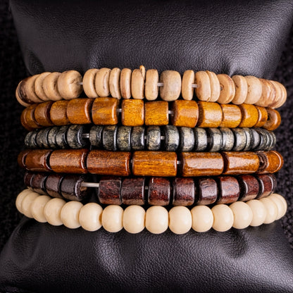 6-Piece Men’s Wooden Beaded Bracelet Set – Vintage Style Stack
