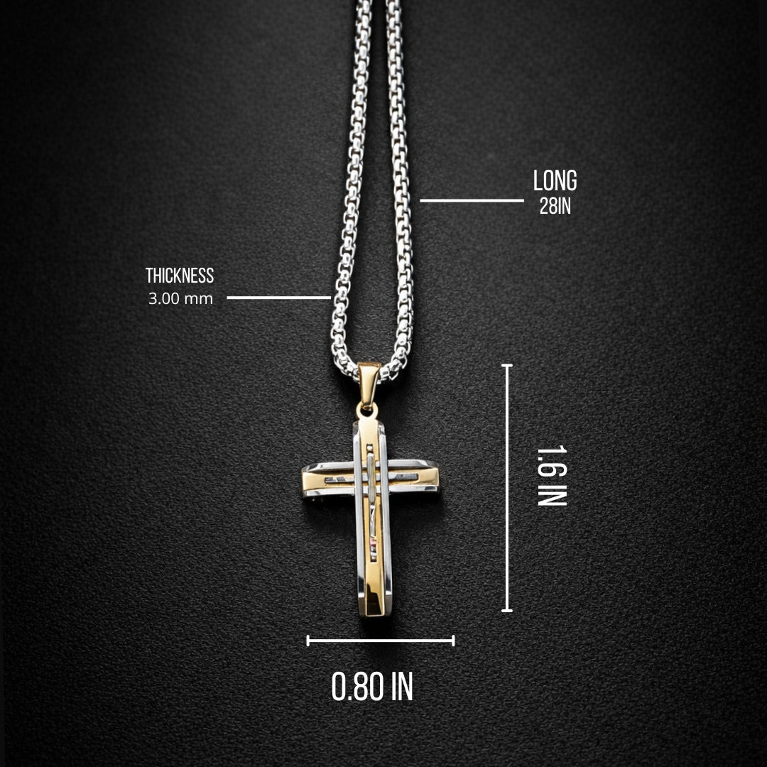 Man holding silver and gold cross necklace stainless steel modern stylish accessory