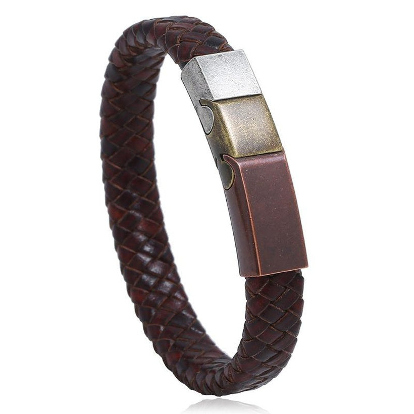 Vintage Stainless Steel Leather Woven Bracelet