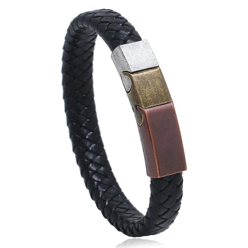 Vintage Stainless Steel Leather Woven Bracelet