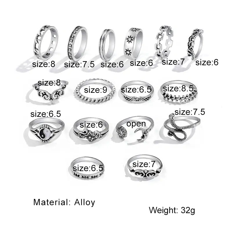 Set of16 fantasy rings with different designs.